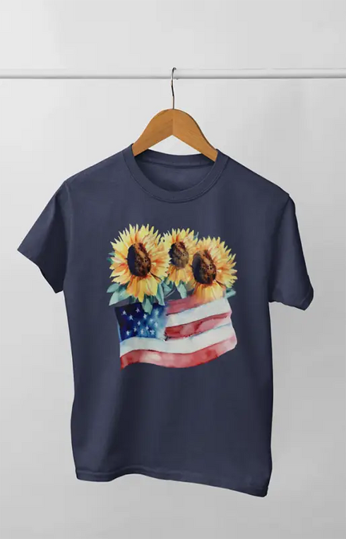 Girl Round Neck Half Sleeve American Flower - 11Y / Navy Blue - Girl’s T-shirt