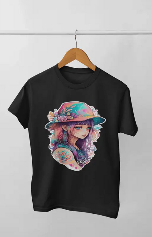 Girl Round Neck Half Sleeve Beauty Girl - 11Y / Black