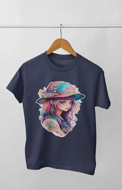 Girl Round Neck Half Sleeve Beauty Girl - 11Y / Navy Blue