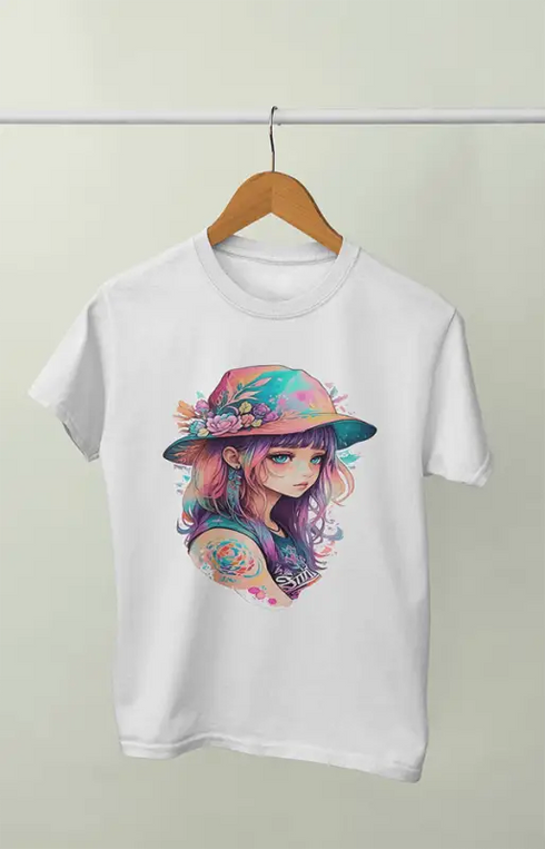 Girl Round Neck Half Sleeve Beauty Girl - 11Y / White