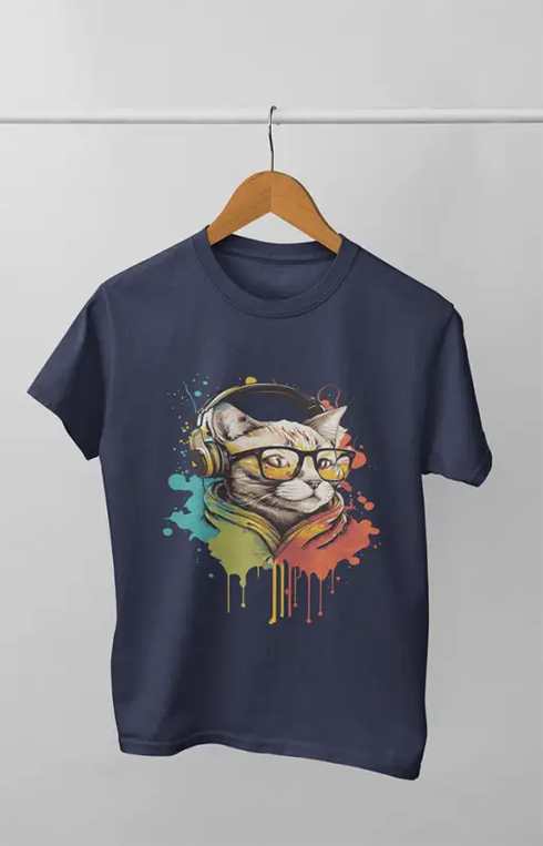 Girl Round Neck Half Sleeve Cat Glasses - 11Y / Navy Blue
