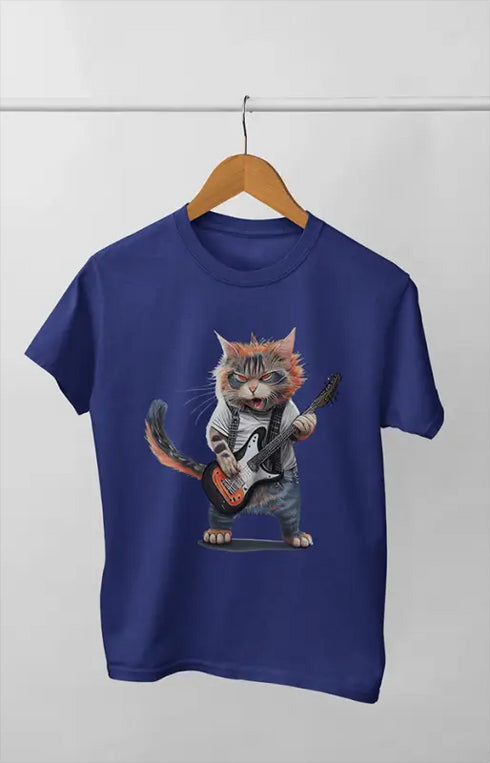 Girl Round Neck Half Sleeve Cat Rock Guitar - 11Y / Royal Blue
