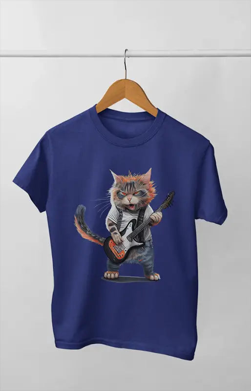Girl Round Neck Half Sleeve Cat Rock Guitar - 11Y / Royal Blue