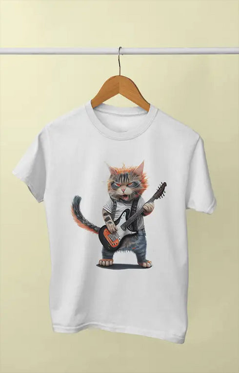 Girl Round Neck Half Sleeve Cat Rock Guitar - 11Y / White