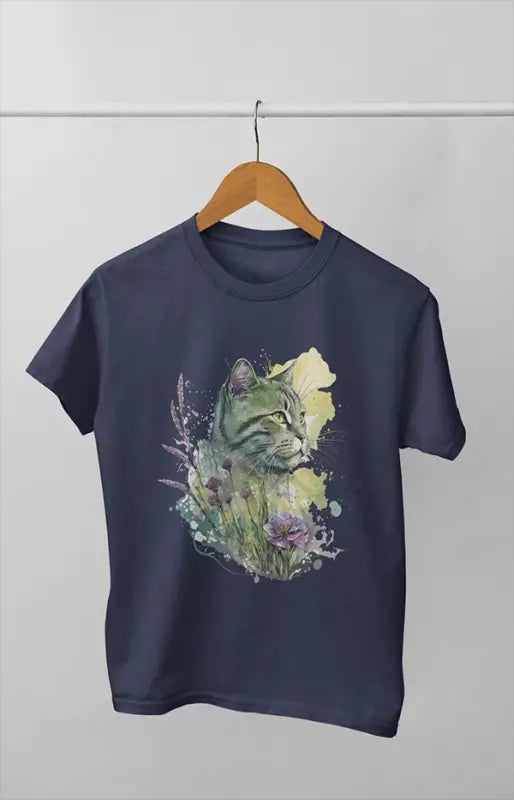 Girl Round Neck Half Sleeve Cat WaterColor - 11Y / Navy Blue