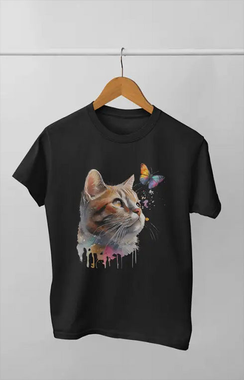 Girl Round Neck Half Sleeve CatB - 11Y / Black