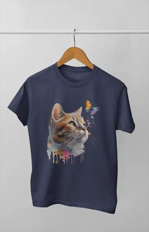 Girl Round Neck Half Sleeve CatB - 11Y / Navy Blue