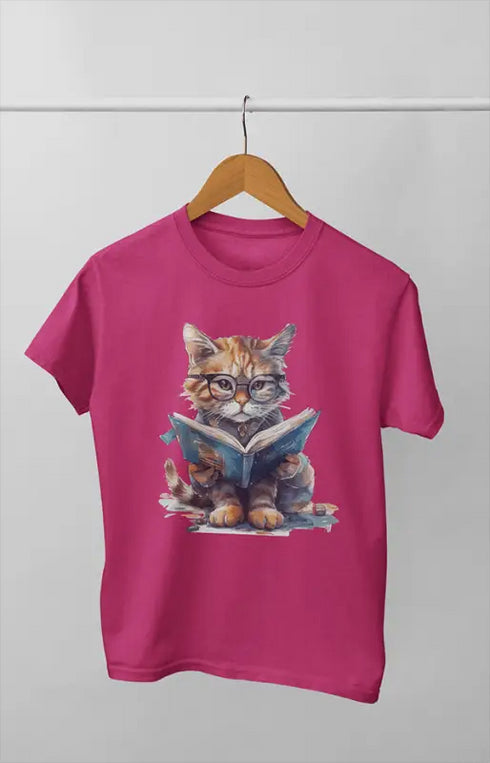 Girl Round Neck Half Sleeve Cute Cat - 11Y / Pink