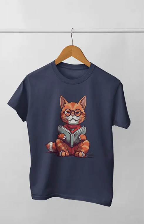 Girl Round Neck Half Sleeve Cute Cat Reading - 11Y / Navy Blue