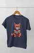 Girl Round Neck Half Sleeve Cute Cat Reading - 11Y / Navy Blue