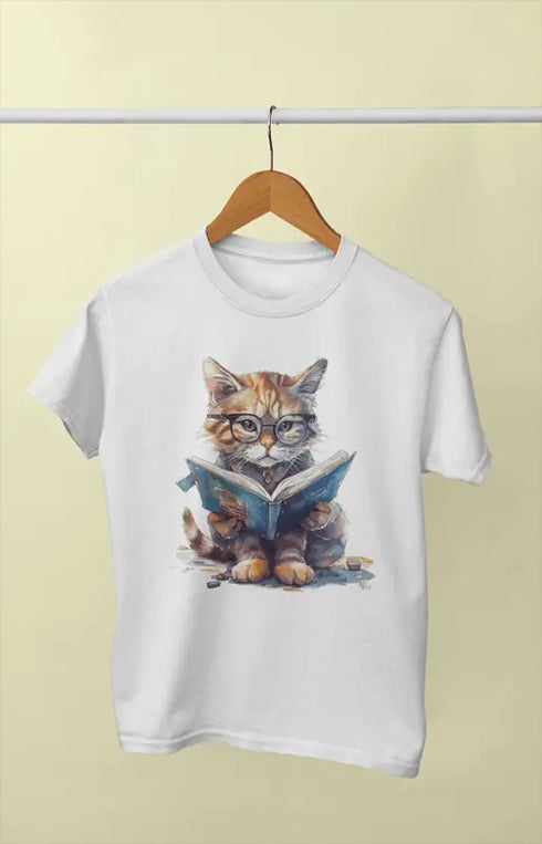 Girl Round Neck Half Sleeve Cute Cat - 11Y / White