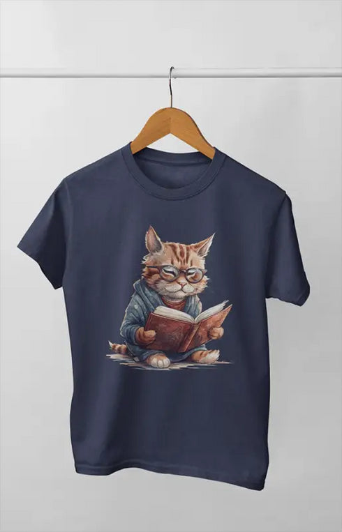 Girl Round Neck Half Sleeve Cutie Cat - 11Y / Navy Blue