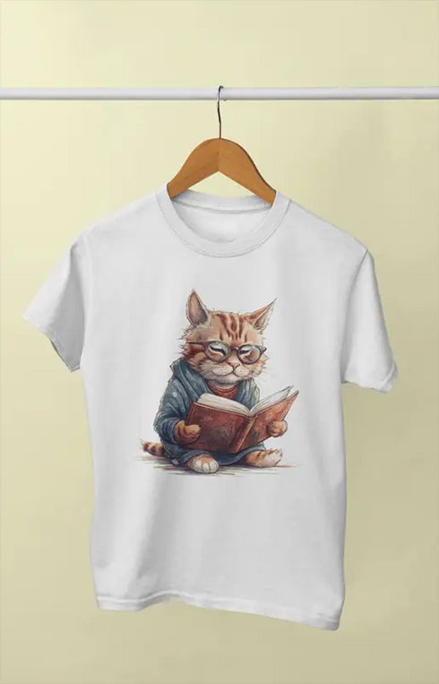 Girl Round Neck Half Sleeve Cutie Cat - 11Y / White