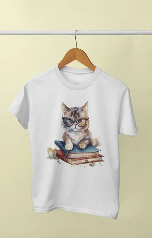 Girl Round Neck Half Sleeve CutieW color Cat - 11Y / White