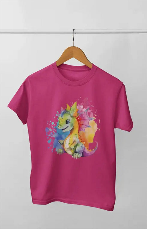 Girl Round Neck Half Sleeve Dragon - 11Y / Pink