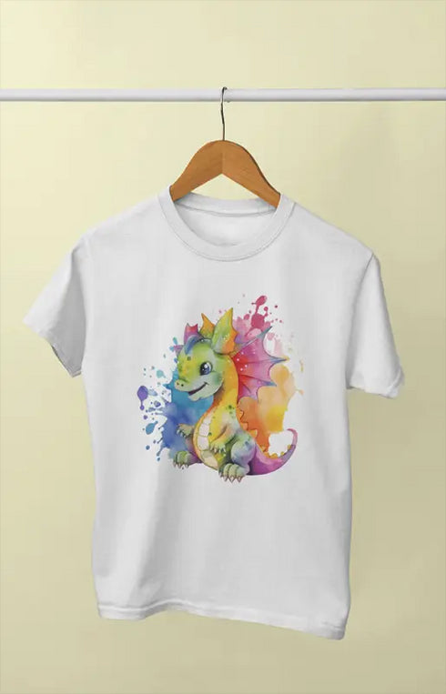 Girl Round Neck Half Sleeve Dragon - 11Y / White
