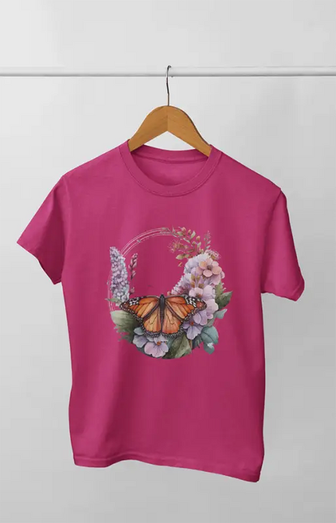 Girl Round Neck Half Sleeve Monarc Butterfly - 11Y / Pink