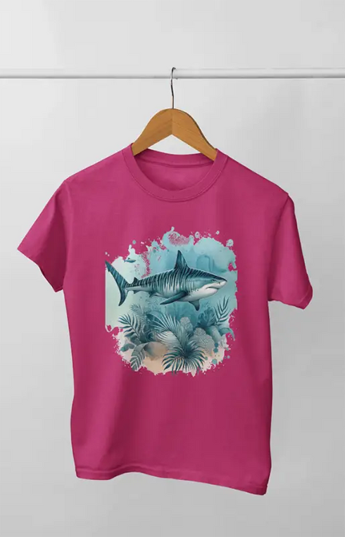 Girl Round Neck Half Sleeve Tiger Shark - 11Y / Pink