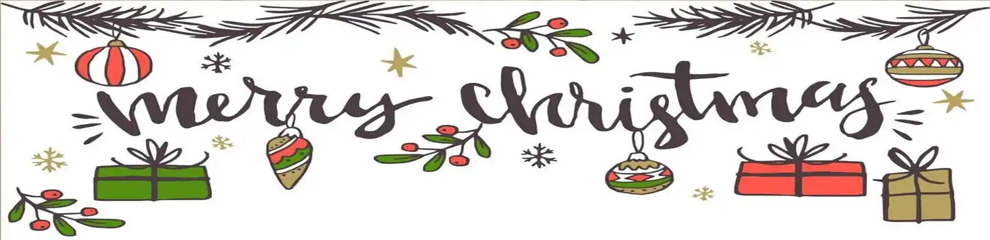 Hand-lettered ’Merry Christmas’ text decorated with holiday ornaments, presents, and foliage.