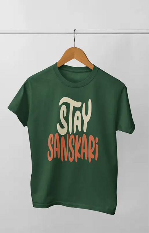 Men’s Half Sleeve Round Neck TShirt Stay Sanskari - S / Bottle Green