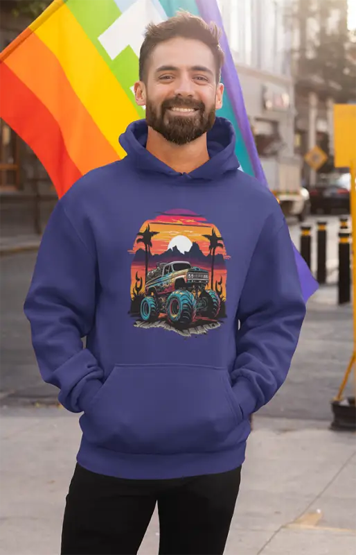 Mens Hooded SweatShirt Monster Car - Royal Blue / XS