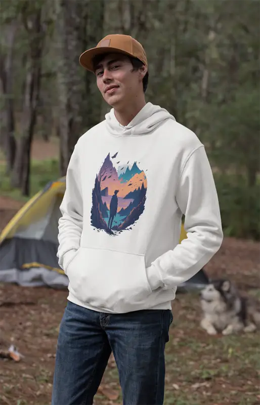Mens Hooded SweatShirt Mountain - White / XS