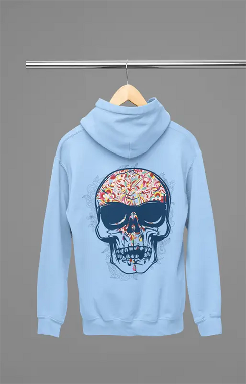 Mens Hooded SweatShirt Skull - Baby Blue / XS