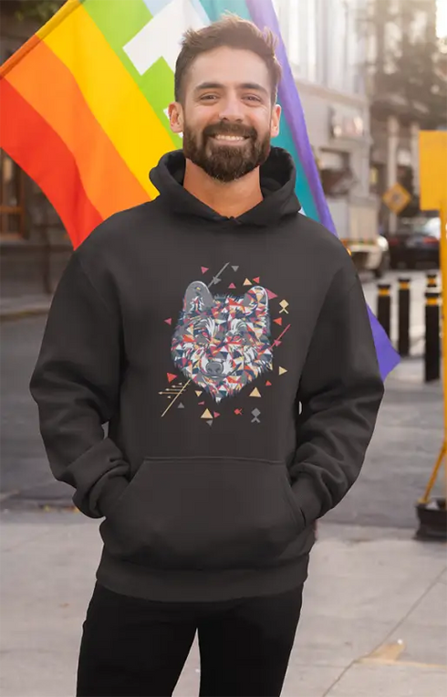 Mens Hooded SweatShirt Wolf Art - Black / XS