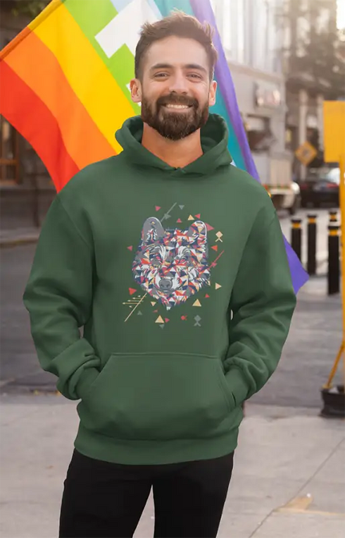 Mens Hooded SweatShirt Wolf Art - Bottle Green / XS