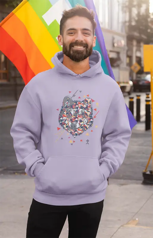 Mens Hooded SweatShirt Wolf Art - Lavender / XS