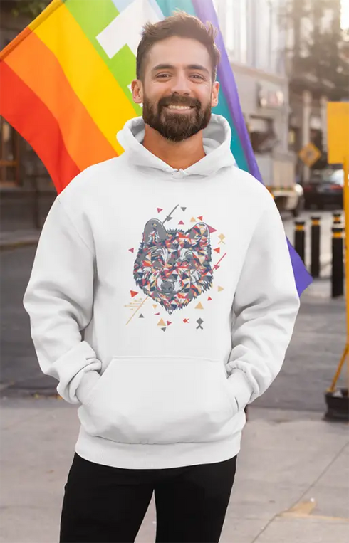 Mens Hooded SweatShirt Wolf Art - White / XS