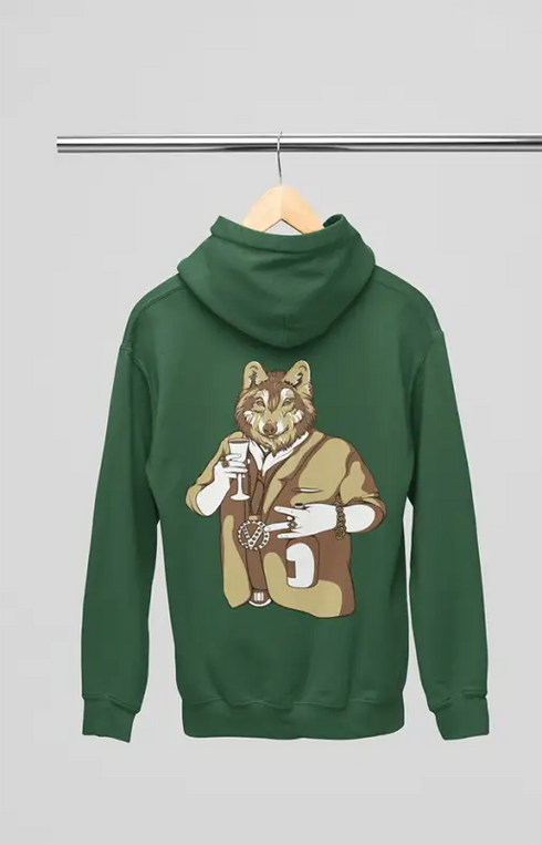 Mens Hooded SweatShirt Wolf - Bottle Green / XS