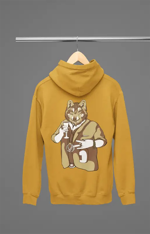 Mens Hooded SweatShirt Wolf - Mustard Yellow / XS