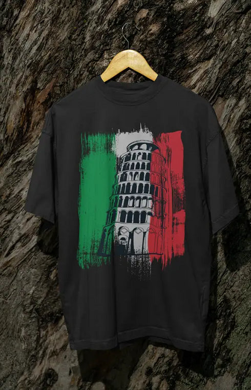 Mens Oversized Classic T-Shirt Pisa Tower - Black / XS