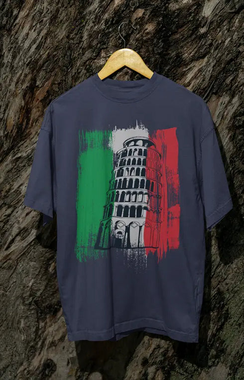 Mens Oversized Classic T-Shirt Pisa Tower - Navy Blue / XS