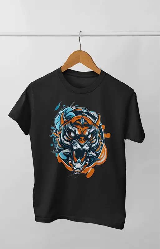 Men’s Round Neck Half Sleeve Tiger Illus - S / Black