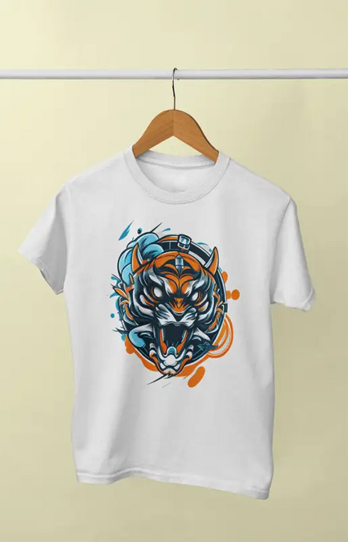 Men’s Round Neck Half Sleeve Tiger Illus - S / White