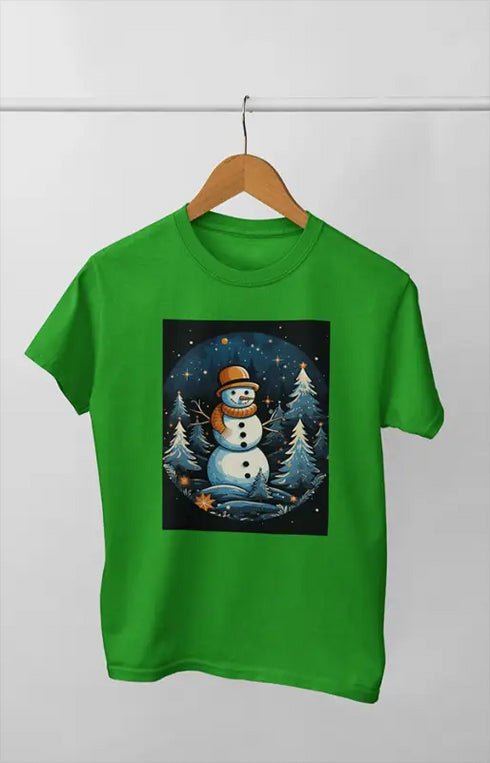 Women’s Half Sleeve Round Neck ChristmasSnowman - Flag Green / XL