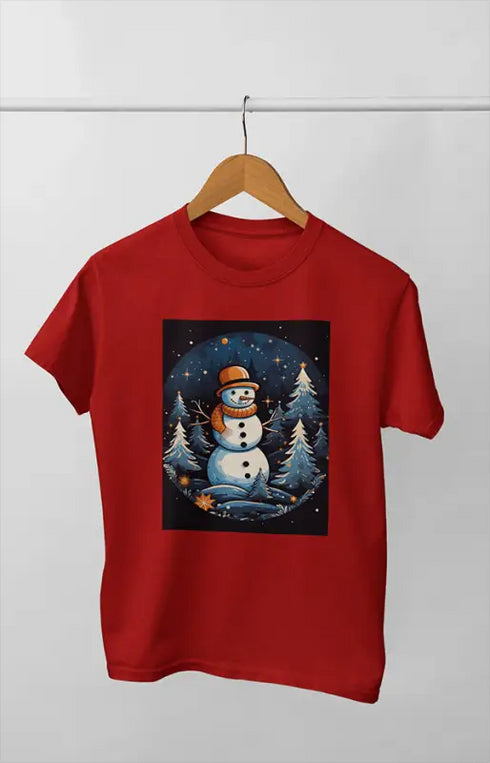Women’s Half Sleeve Round Neck ChristmasSnowman - Red / XL