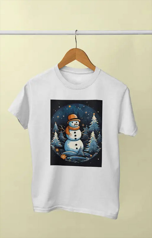 Women’s Half Sleeve Round Neck ChristmasSnowman - White / XL