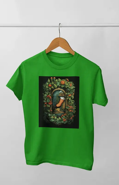 Women’s Half Sleeve Round Neck ChristmasStocking - Flag Green / XL
