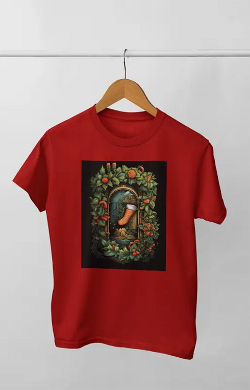 Women’s Half Sleeve Round Neck ChristmasStocking - Red / XL