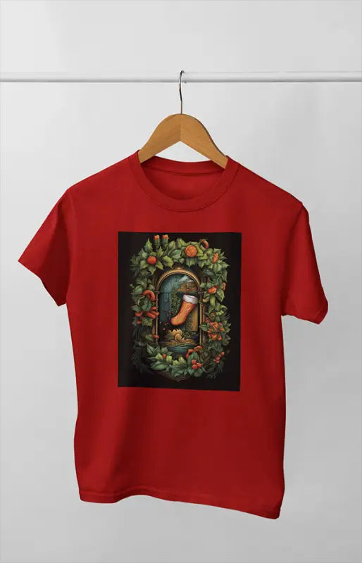 Women’s Half Sleeve Round Neck ChristmasStocking - Red / XL