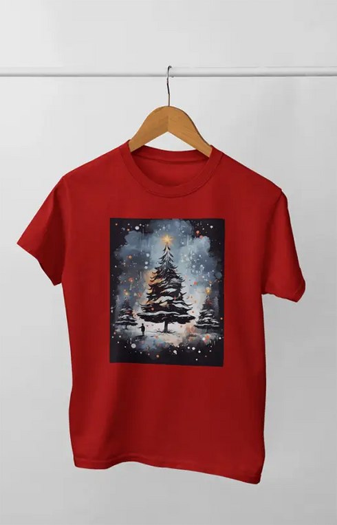 Women’s Half Sleeve Round Neck Christmaswatercolor - Red / XL