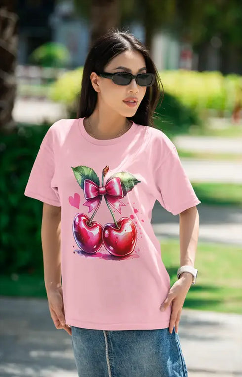 Women’s Half Sleeve Round Neck Heart Cherries - Light Baby Pink / XS