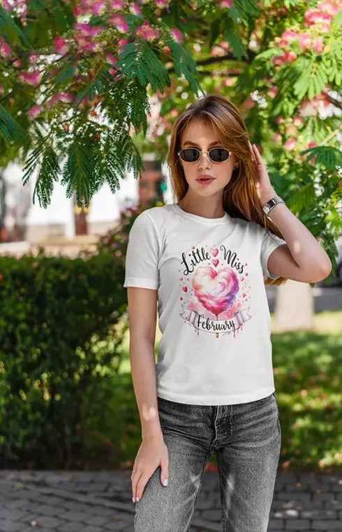 Women’s Half Sleeve Round Neck Little Miss February - White / XL