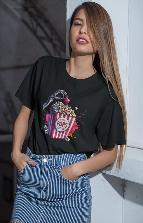 Women’s Half Sleeve Round Neck MyHeartPops - Black / XS