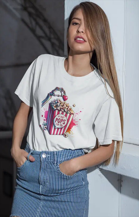 Women’s Half Sleeve Round Neck MyHeartPops - White / XS