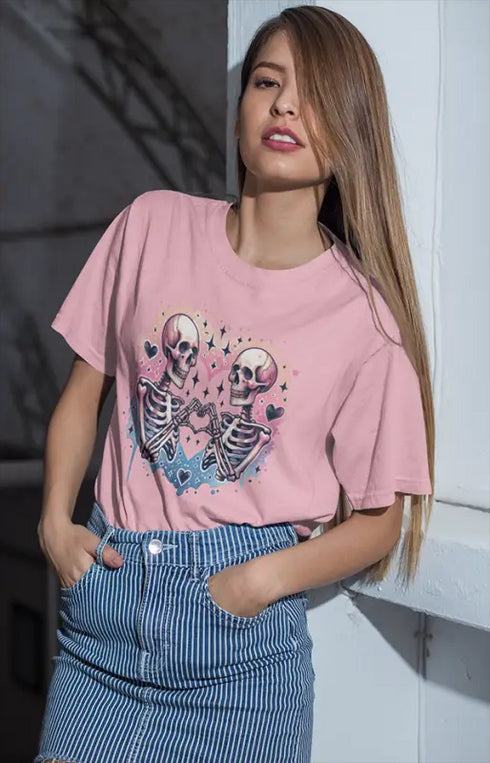 Women’s Half Sleeve Round Neck Skeleton Heart - Light Baby Pink / XS