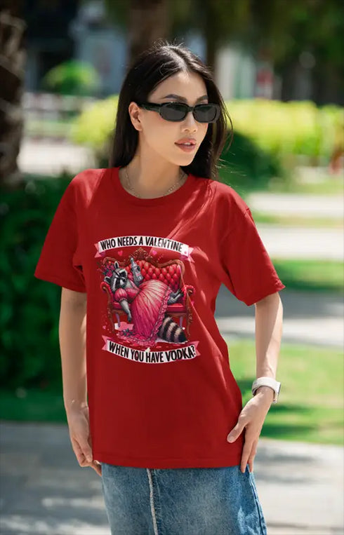 Women’s Half Sleeve Round Neck Valentine VodkaRaccoon - Red / XS